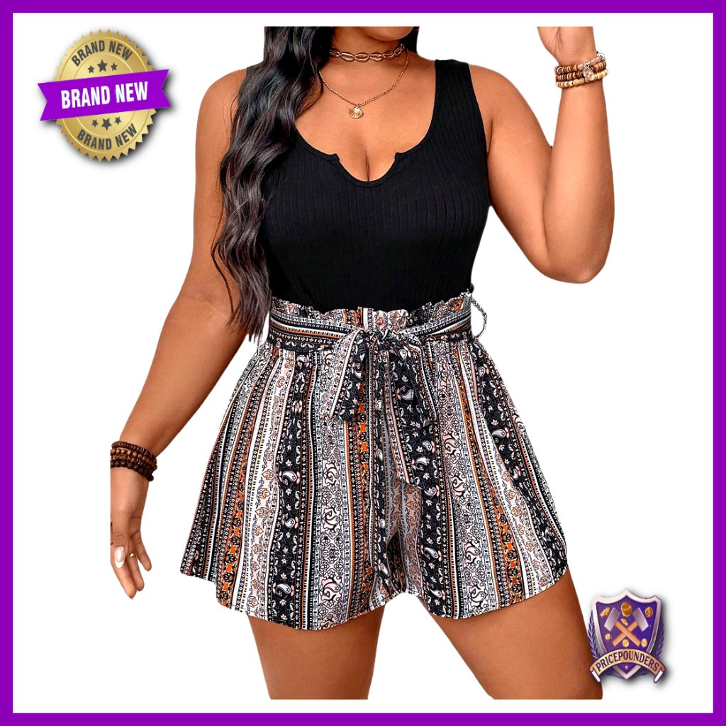 Plus Size Tribal Print Short Jumpsuit Sleeveless V Neck Romper With Belt